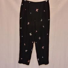 VTG Talbots Black Linen Ankle Pants Butterfly Embroidery Side Zip Wmn's Sz 14