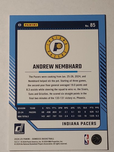 2024-25 Donruss #85 Andrew Nembhard Indiana Pacers NBA CHAPIONSHIP PLAYOFF TEAM - Picture 2 of 2