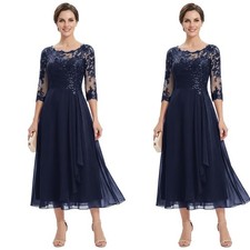 Tea Length  Mother of The Bride Dresses Navy Lace Chiffon Wedding Evening Gown