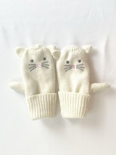 Girls' Ivory Knit Cat Mittens Winter Animal Print