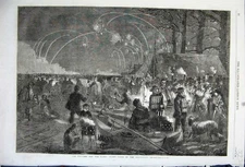 Original Old Antique Print 1861 Weather Winter Night Scene Serpentine Fireworks