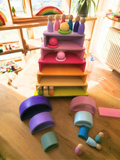 Wooden Pastel Rainbow Stacker Toy Grimms Style Montessori Waldorf Toy 70 pcs