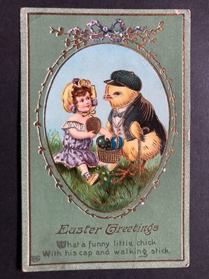 Kleines Mädchen & Osterküken Vintage Ostergrüße Postkarte P79