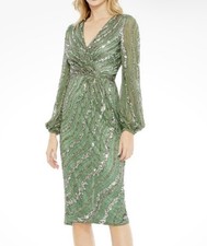Mac Duggal  5573Green Sequin V-Neck Balloon Long Sleeve Midi size 12 498