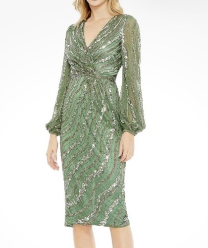 Mac Duggal  5573Green Sequin V-Neck Balloon Long Sleeve Midi  size 12 $498