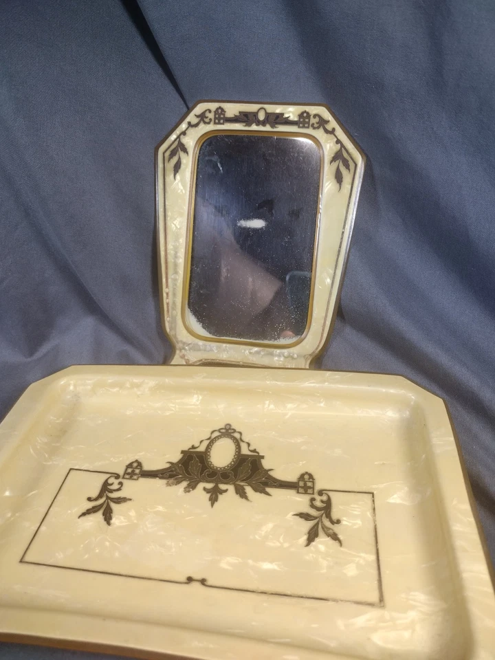 Art Deco Amber Celluloid Pearlescent Valet & Mirror Antique Vanity Set Trinket  - Image 3 of 4