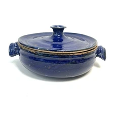 Stoneware Covered Casserole Dish Blue Studio Art Pottery Signed