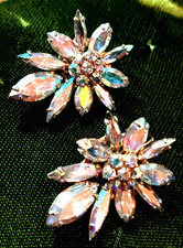 Vtg SHERMAN 50's Signed AB Navette Marquise Rhinestone Gold Tone Clip Earrings