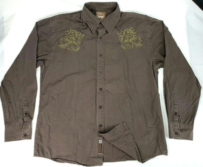 Roar Long Sleeve Button-Down Shirt Men 2XL Brown Embroider RELENTLESS Distressed
