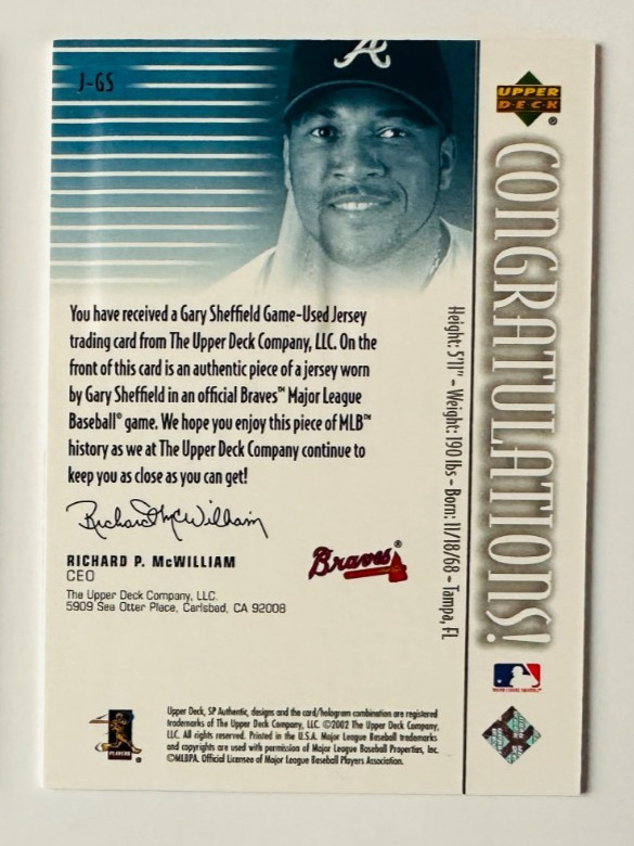 2002 SP Authentic Gary Sheffield Game Used Jersey Card Braves Legend! view 2