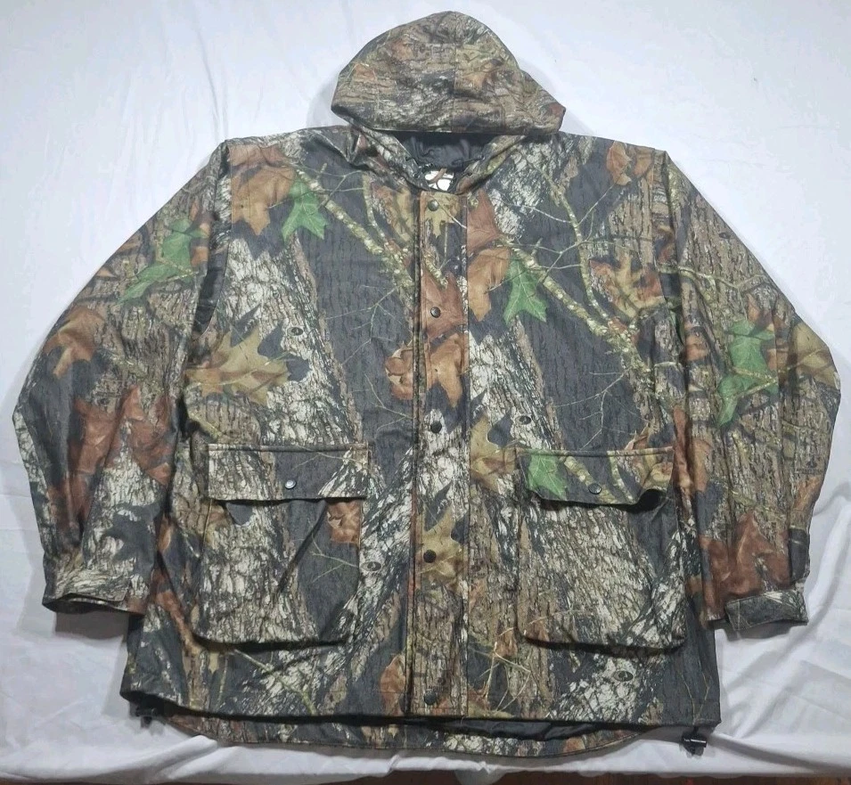 VTG Stearns Dry Wear Hooded Jacket XL Zip/Snap Mossy Oak BreakUp 190T Nylon