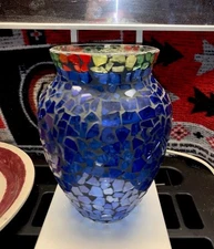 Beautiful Blue Mosaic Glass Flower Vase 8”