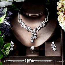 RHINESTONE BRIDAL NECKLACE Jewelry Set 4 Pc. Floral Vine Leafy Silver Bracelet E