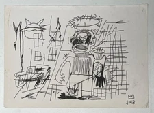 Jean-Michel Basquiat (Handmade) Drawing On old Paper Signed & Stamped, Vtg Art