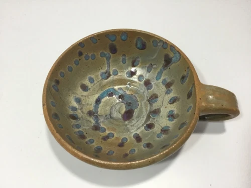 Large Signed KK Studio Art Pottery Soup Mug Bowl Handle Coffee Cup Spatter Glaze