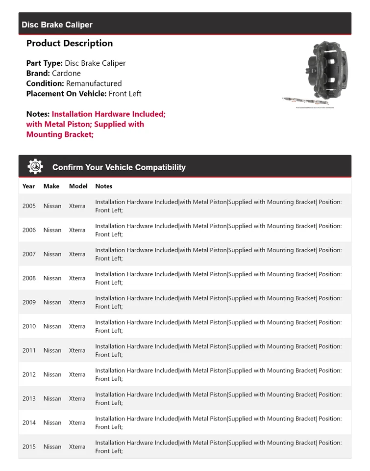 Pinça de freio a disco dianteira esquerda Cardone 2006 2007 2008 para 2005-2015 Nissan Xterra - Imagem 2 de 4