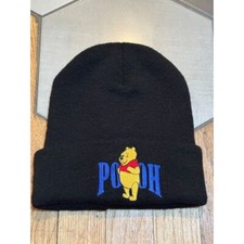 Vintage 90s Disney Winnie The Pooh Bear Embroidery Winter Cuff Beanie Hat Black
