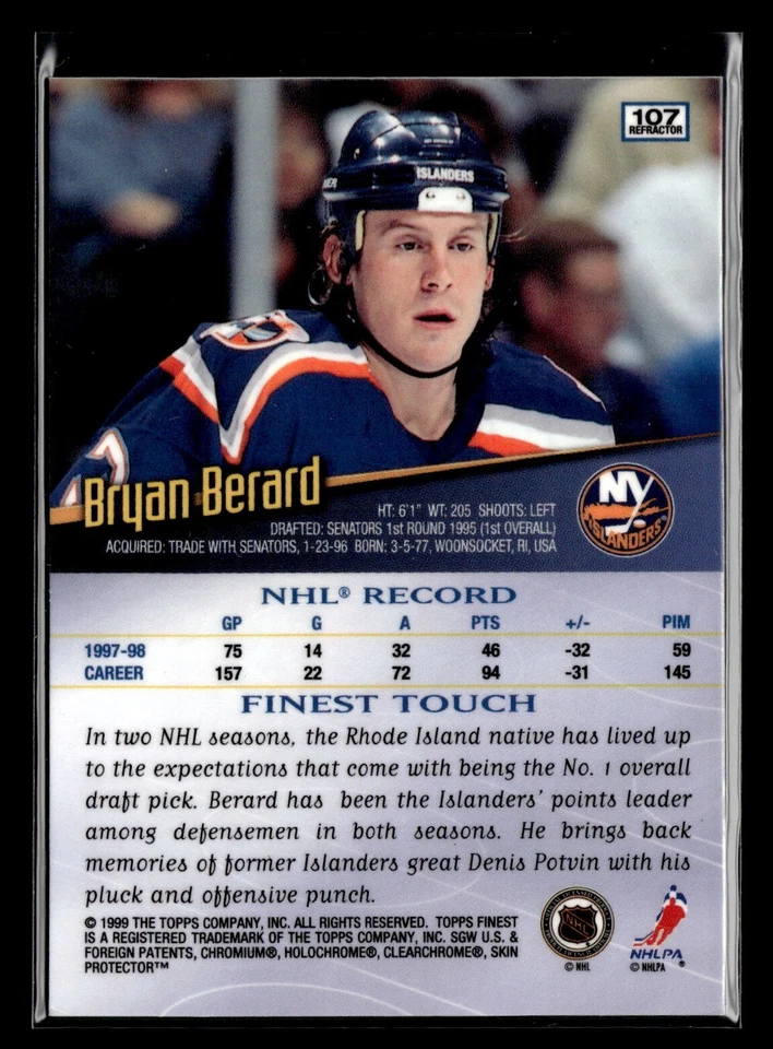 1998 Topps Finest Refractor #107 Bryan Berard Islanders With Protector - Image 2 of 2