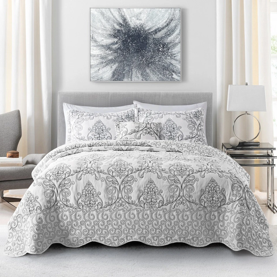 Juego de edredón de 4 piezas Queen/King de gran tamaño elegante bordado damasco suave ligero Foto 4 de 4