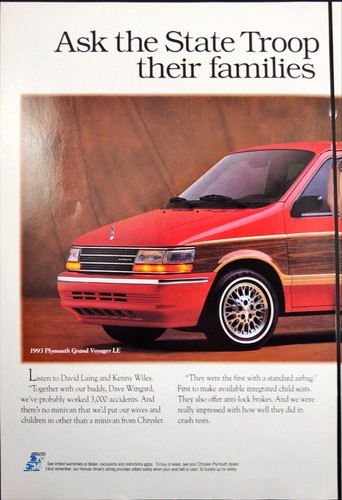 Plymouth Grand Voyager Minivan State Patrol Officers Vintage Print Ad 1993 - Picture 2 of 7