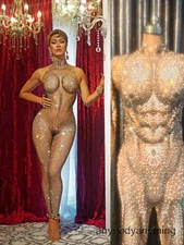 Men Womens Full Pearl Rhinestone Jumpsuit Stretch Bodysuit Dance Perform Costume