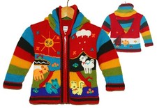 Peru Kinder Strickjacke rot+bunt Gr.74*80 XXL-Zipfelkapuze Bauernhof Tiere Sonne