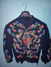 Hazel Jacket Ruched Sleeve Embroidered Floral Snap Front Navy Blue Size Small