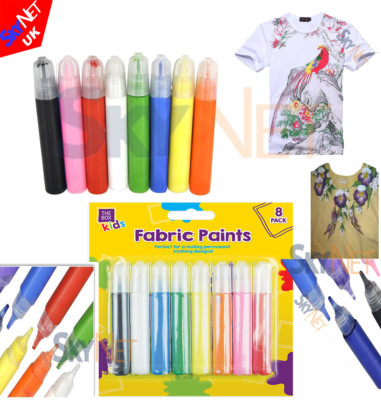 PACK FABRIC PAINTS PENS PERMANENT T-SHIRT CLOTHES ASSORTED COLOURS New 8