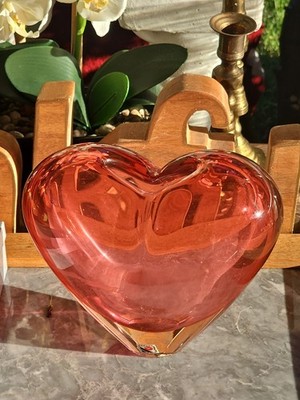 SIGNED J. Svoboda Karlov Hand Blown Pink Glass Heart Shaped Vase Czech HEAVY 