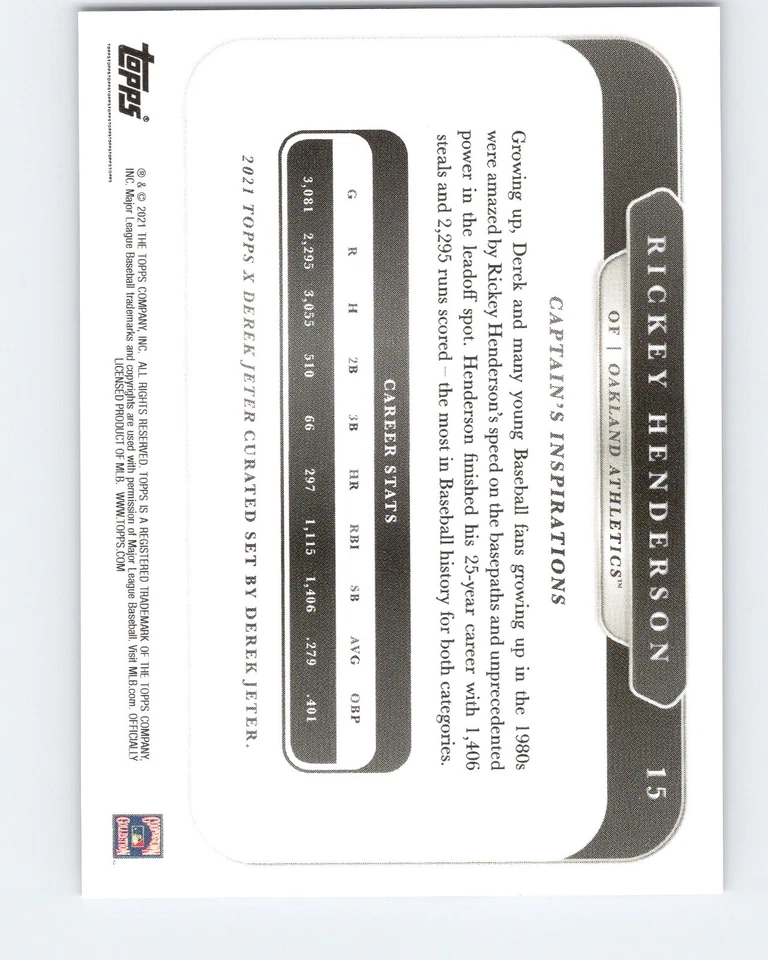 2021 Topps X Derek Jeter - Rickey Henderson #15 - Image 2 of 2