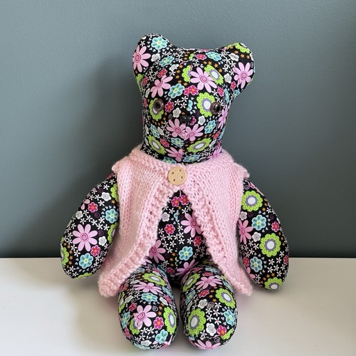 Handmade Stuffed Bear With Sweater Vest Floral Pink Pastel 70s Retro 15in - Picture 2 of 10