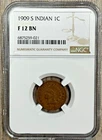 1909 S Indian Head Cent 1C NGC Fine 12 Brown, Low Mintage Key Date