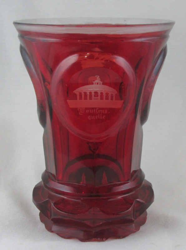 GERMAN ANTIQUE RED CUT TO CLEAR SPA SOUVENIR GLASS BEAKER ENGRAVED BUILDINGS 5IN