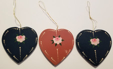 Vintage Mera Vic Wood Heart Ornaments Painted Cottage Core Romance Set of 3
