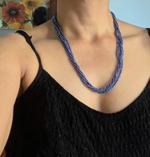 Natural Nepal Glass Seed Bead Multi Strand Necklace. Iridescent Peacock Blue 22"