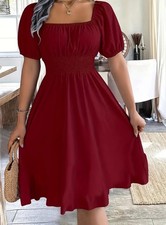 Red Square Neck Midi Puff Sleeve Ruffle Hem Dress  XL US Size 12 New Free Ship