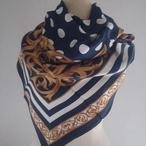 Foulard Christian Dior en soie dorée marine motif rayures à pois 34,6 po x 34,6 po