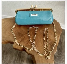 BRAND NEW MIU MIU Parfum Kisslock Clutch  w/ Gold Chain - Light Blue Novelty GWP