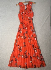 Lulus Size L Loved By You Red Orange Floral Print Pleated Chiffon Maxi Dress