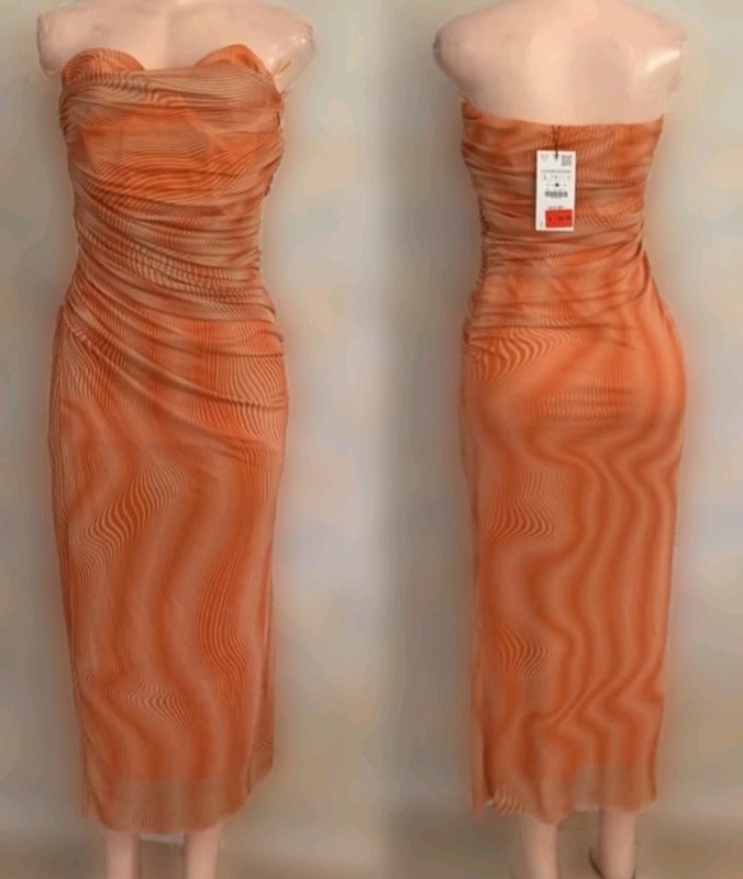 Zara Strapless Ruched Midi Dress Orange Swirl Pattern