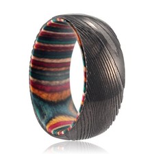 VERA Multi Color Wood, Gunmetal Damascus Steel Ring, Domed