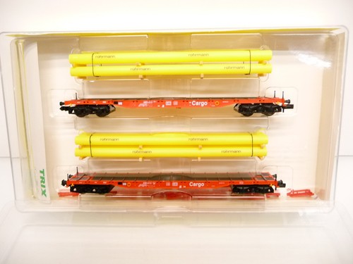 Minitrix 15218 N Rungenwagen-Set beladen mit Gasröhren rot DB Cargo Epoche V OVP | Condition: Gebraucht