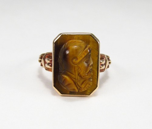 Vintage Wm C Greene Co USA 10K Gold Tigers Eye Warrior Soldier Cameo Ring S 6.25 - Picture 9 of 14