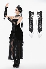 Dark in love Women Black Gothic Embroidered Lace Long Gloves with Ribbon Ties