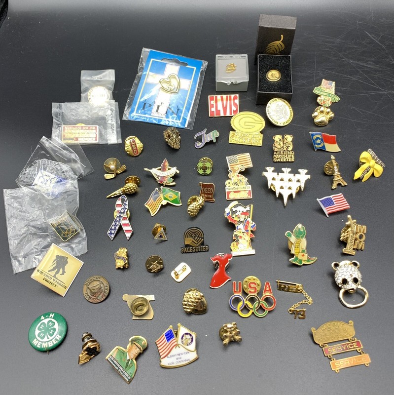 Vintage Assorted Lapel Hat Pins Pin Backs Flags Elvis 4-H Cub Scouts Lot Of 52