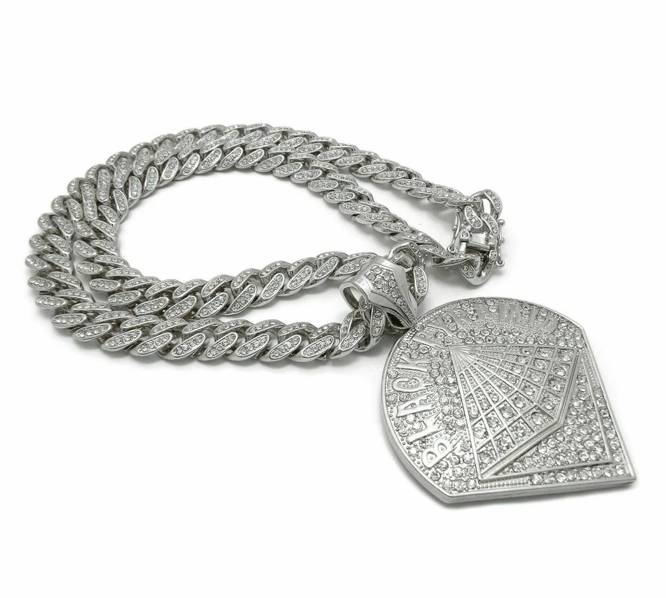 COLLAR CADENA ESLABÓN CUBANO COLGANTE CHRIS MARRÓN PIRÁMIDE NEGRA HELADA PLATA HIP HOP Foto 2 de 3