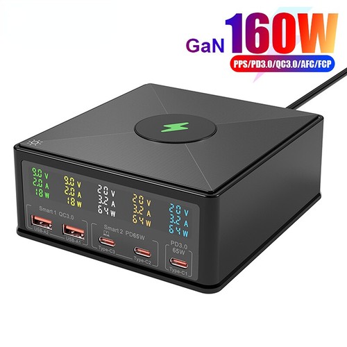 160W GaN Multi USB C QC3.0 Type C PD 65W Fast Charger Wireless Charging Station - Afbeelding 1 van 12