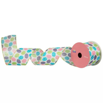 2 rolls Polkadot Easter Eggs  Wire  pastel ribbon  2.5 in x 6 yds. wreath bow