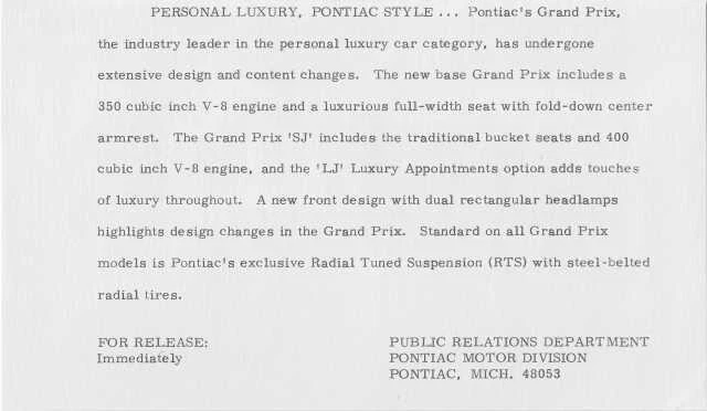 1976 Pontiac Grand Prix Press Photo and Release 0037 - Image 2 of 2