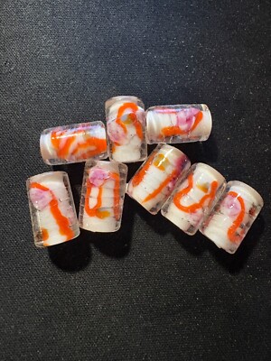 8 White Orange Fancy pattern glass beads (B535)- Rare Deco- 15mm